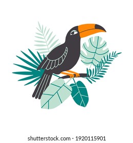 Toucan with palm leaves. Flat exotic bird sitting on a branch. Floral tropical paradise concept. Nature, wildlife jungle illustration. Cute hand drawn character for card, print, poster. Vector