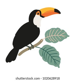 Toucan and palm leaves on the white background. Vector digital illustration. Tropical bird and plant. Exotic nature. Design print for the poster, card, pillow. 