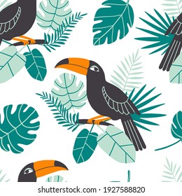 Toucan with palm leaves seamless pattern. Flat exotic bird sitting on a branch. Floral tropical paradise. Nature, wildlife jungle. Cute hand drawn character illustration for textile print. Vector