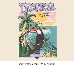 Toucan paradise artwork. Summer vibes artwork.  Enjoy beach life. Summer vibes artwork. Tropical bird with palm tree graphic print design. 