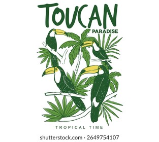 Toucan paradise artwork. Tropical bird with palm tree graphic print design. Enjoy beach life. Summer vibes artwork. Enjoy summer day.