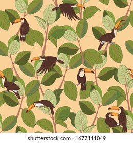 Toucan parrot bird with ficus palm leaves seamless vector hand drawn pattern