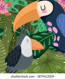 toucan and parrot in foliage jungle nature animal safari cartoon vector illustration