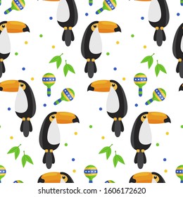 Toucan parrot with maracas seamless pattern for Brazilian carnival. Vector pattern in flat style. Maracas and leaves surrounded by toucan. Use for wallpaper, textile, cover or packaging.