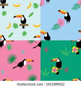 Toucan parrot pattern set. Flat illustration of toucan parrot vector pattern set for web design