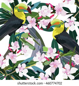 Toucan parrot and Pink flowers branch Vector. Exotic Summer floral background