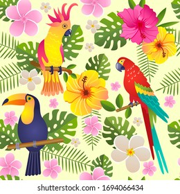 toucan and parrot sits on a flowering branch vector illustration seamless pattern