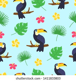 Toucan pattern. Exotic tropical texture for print, banners, poster template. Tropical seamless pattern. Cartoon doodle background. Vector illustration.