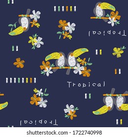 Toucan pattern with Hibiscus tropical Flowers, exotic tropical colorful birds vector decoration  summer beautiful seamless background.
