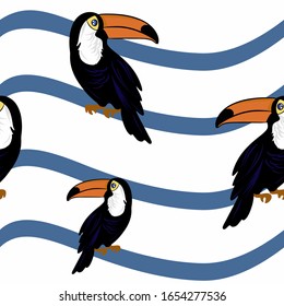 Toucan pattern on striped background.