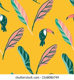 Toucan pattern repeat with tropical jungle leaves in yellow background. Vector illustrations. Great for kids and summer home decor. Surface pattern design.