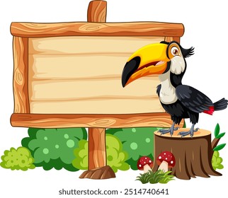 Toucan perched beside a blank signboard