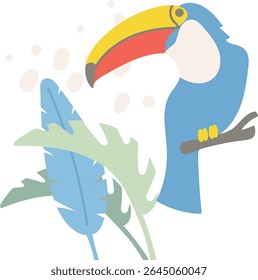 Um tucano empoleirado em um galho com folhas abstratas em um estilo plano. O pássaro apresenta um bico proeminente e folhagem estilizada. Ilustração de vetor de desenhos animados.