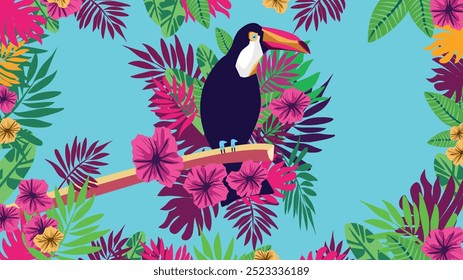 a toucan perched on a branch and surrounded by lush tropical leaves and colorful flowers, representing the beauty and diversity of nature.