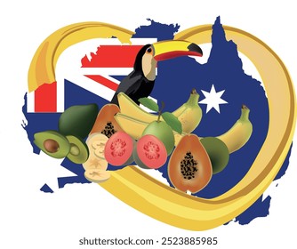 El tucán está encaramado en un marco dorado en forma de corazón que rodea una variedad de frutas tropicales frescas y la bandera nacional australiana