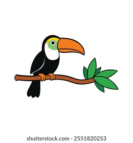 A toucan perched on a tree branch in thejungle.