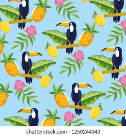 toucan with pineapple and tropical flowers background