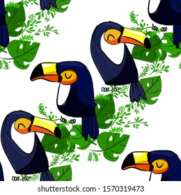 Toucan print, exotic bird pattern seamless, tropical bird vector.  Textile print.