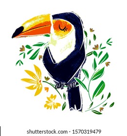 Toucan print and leaves, exotic bird, tropical bird vector. 
