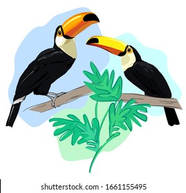 Toucan print and leaves. Exotic tropical bird. Vector.