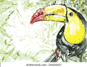 Toucan in profile and green leaves