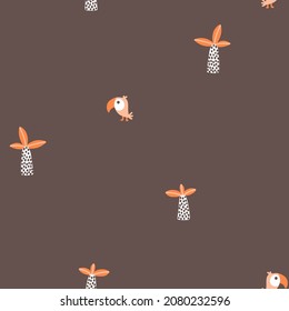 Toucan seamless minimalistic pattern with palm trees. Cute cartoon characters on a brown background. Hand-drawn illustrations in Scandinavian style. Ideal for baby test, clothing, wallpaper