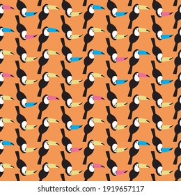 Toucan seamless pattern, bright texture. Flat vector stock illustration. Exotic toucan bird. Pattern, ornament for printing. Endless pattern with toucan beak. Tropical seamless illustration