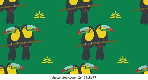 Padrão sem emenda tucano, textura verde e roxa. Ilustração de stock de vetor plano. Exótico tucano pássaro para impressão em tecido, textura. Padrão, ornamento ou textura tucana. Padrão tucano infinito