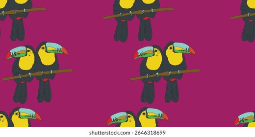 Padrão sem emenda tucano, textura verde e roxa. Ilustração de stock de vetor plano. Exótico tucano pássaro para impressão em tecido, textura. Padrão, ornamento ou textura tucana. Padrão tucano infinito