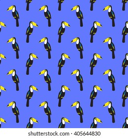 Toucan seamless pattern on blue background. Tropical summer illustration. Cute bird background. Exotic Hawaii art background. Fashion design for fabric and decor.