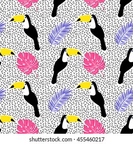 Toucan seamless pattern. Retro texture with palm, birds, palm leaf. 80s - 90s background