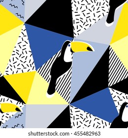 Toucan seamless pattern. Retro texture with polygon. 80s - 90s background memphis design