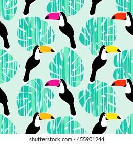 Toucan seamless pattern. Retro texture with palm, birds, palm leaf. Hand drawn brush stroke elements. 80s - 90s background