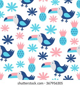 Toucan seamless pattern. Surface kid decoration with colorful birds.Vector illustration. Cloth design, wallpaper, wrapping.
