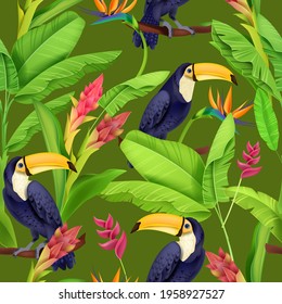 Toucan seamless pattern, tropical jungle vector texture, exotic bird, summer flower, rainforest banana leaf. Wildlife floral Amazon nature wallpaper, paradise Brazil backdrop. Botanical toucan pattern