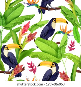 Toucan seamless pattern, vector tropical jungle texture, exotic bird, summer flower, banana leaf. Rainforest wildlife floral Amazon nature wallpaper, Brazil backdrop. Botanical paradise toucan pattern