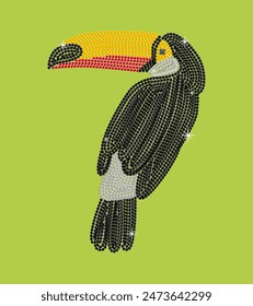 Toucan sequins embroidery vector. Tropical bird shine isolated vector. Embroidery patc clothes. For fashion, design, cards, carnival, fabric etc.