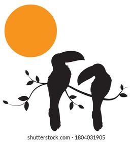Toucan Silhouette on Branch on sunset, Vector. Bird couple silhouette on branch isolated on white background, illustration. Wall Decals, Wall Art Decoration. Wall artwork