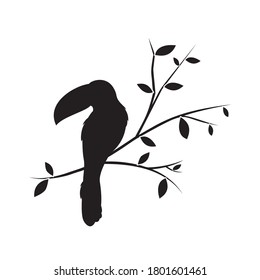 Toucan Silhouette on Branch, Vector. Bird silhouette on branch isolated on white background, illustration. Wall Decals, Wall Art Decoration. Wall artwork