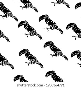 Toucan silhouette seamless pattern, outlines of a bird on a white background vector illustration