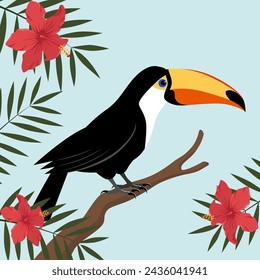 A toucan sits on a branch.