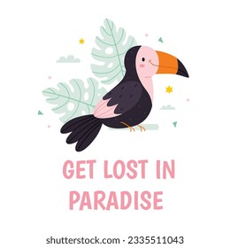 A toucan sits on a branch. Summer vibe, flat style.Get lost in Paradise