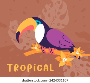 Toucan sitting on blooming vanilla branch, tropical animals and birds of exotic areal and habitats. Colorful plumage and hooked bug beak, claws and feathers of avian creature. Vector in flat style