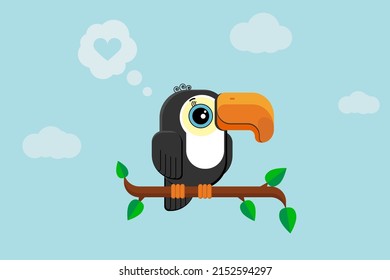 Toucan is sitting on a branch. A cloud with a bomb, a speech bubble. Avian character