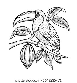 Toucan sentado em um galho com ilustração de vetor de frutas de cacau em estilo de esboço. Desenhado à mão preto e branco desenho de pássaro exótico e planta para fazer chocolate. Gravura retrô e arte de linha 