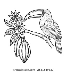 Toucan sentado em um galho com ilustração de vetor de frutas de cacau em estilo de esboço. Desenhado à mão preto e branco desenho de pássaro exótico e planta para fazer chocolate. Gravura retrô e arte de linha 