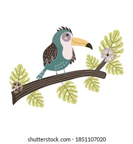 Toucan sitting on the branch. Cute tropical bird isolated element. Vector illustration