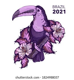 The toucan is sitting on a branch. Exotic bird, tropical flowers, white background. Isolated image for calendars, poster, invitation, postcard.