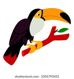 Toucan is sitting on a branch. Flat vector illustration is isolated on white. Birds and animals of the rainforest. The concept of a flat vector illustration. Mexican animals. Hot tropical countries