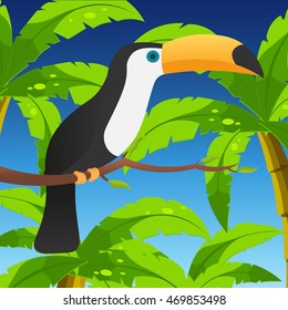 Toucan sitting on branch with leaves